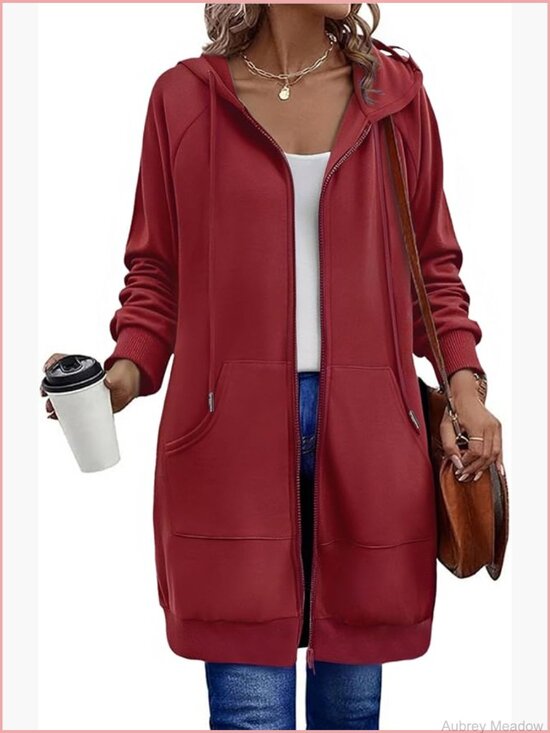 Jackets & Blazers - Long Fleece Zip Up Hoodie with Pockets Tunic Sweatshirt
